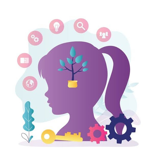 llustration of a girl with a tree growing inside her brain, symbolizing evolving thoughts and personal growth.